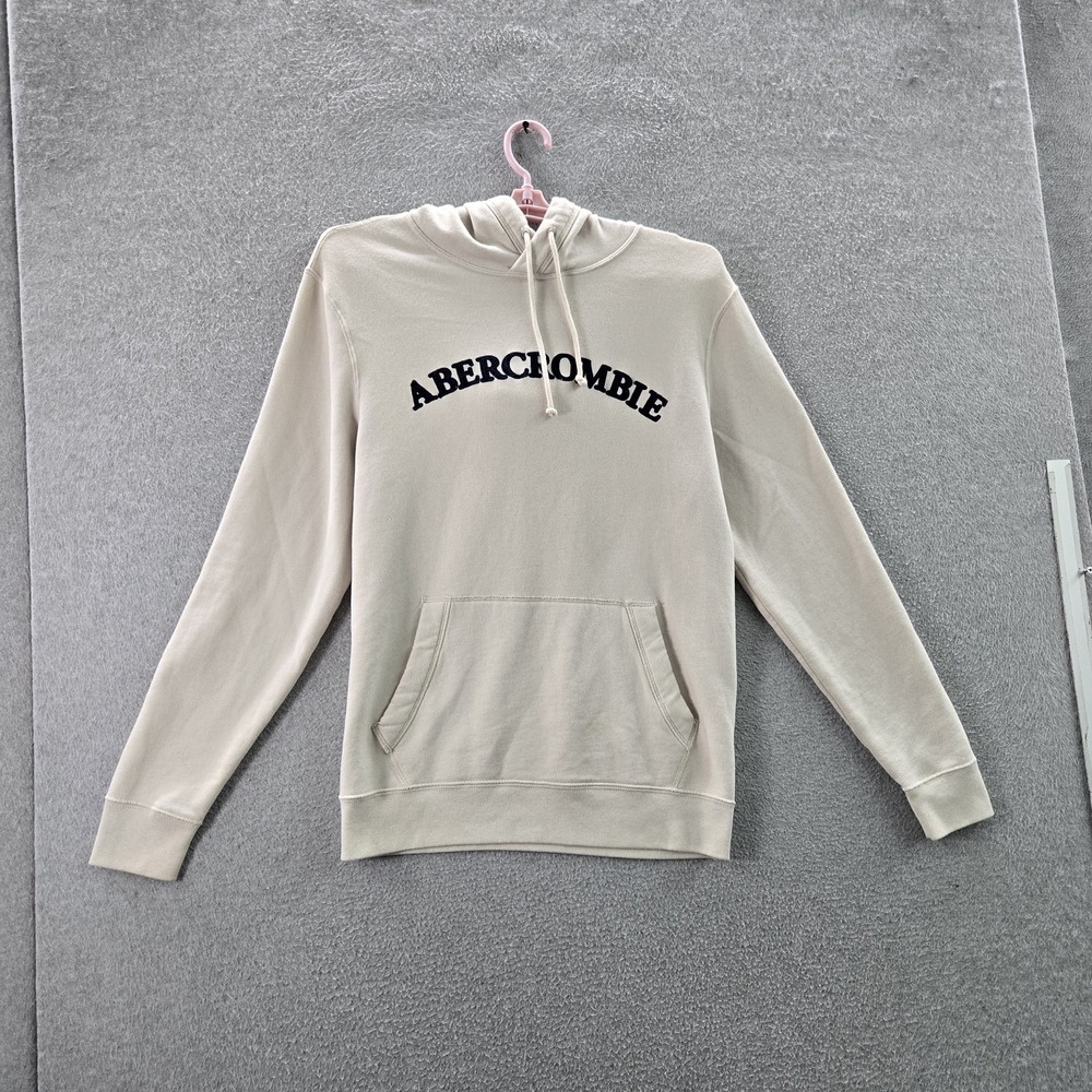 Abercrombie & Fitch Men Hoodie M Beige Embroidered Fleece Logo Text Pullover
